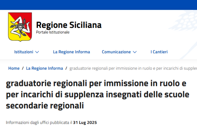 Regione Siciliana. Graduatorie regionali per immissione in ruolo e per incarichi di Supplenza insegnanti delle Scuole secondarie regionali